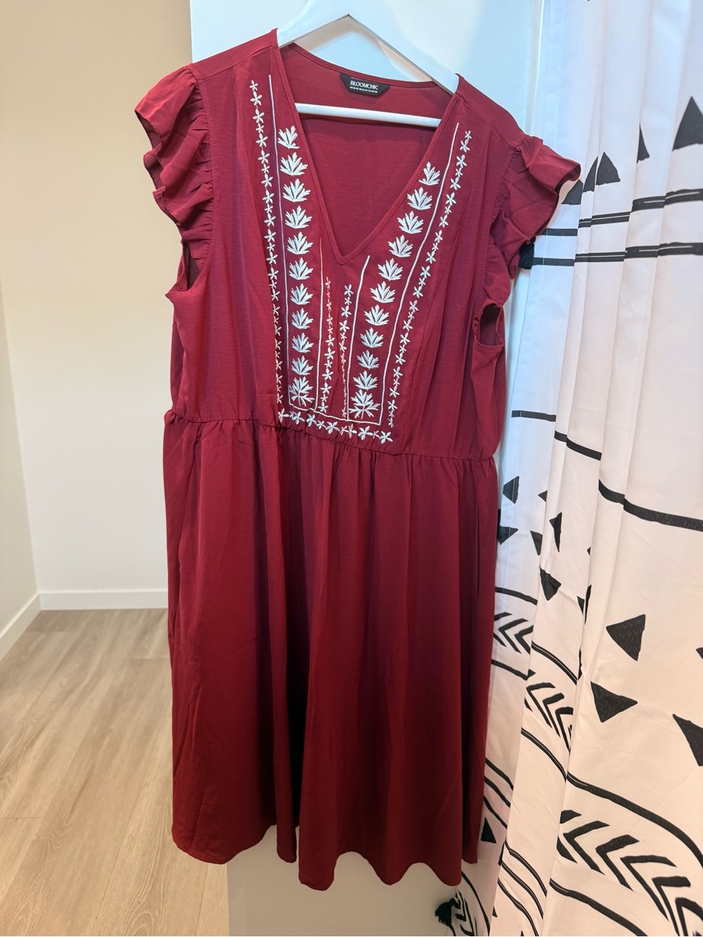 Bloomchic 18/20 Embroidery-Front Burgundy V-Neck Midi Dress